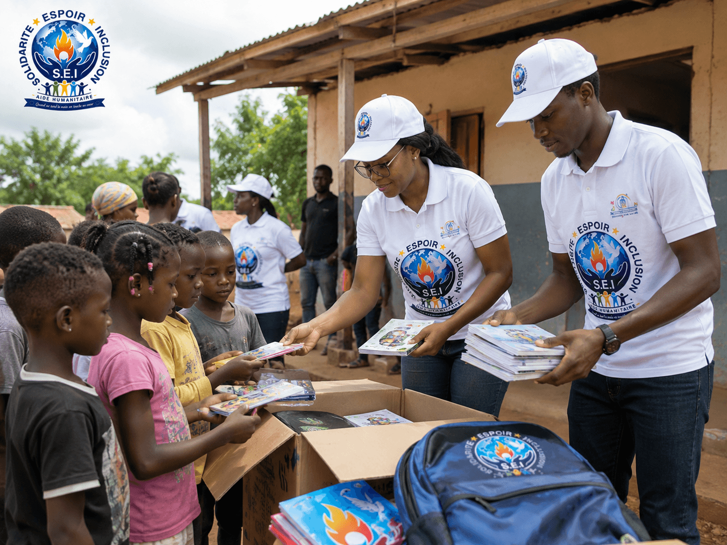 Volunteers distributing educational books to children in need