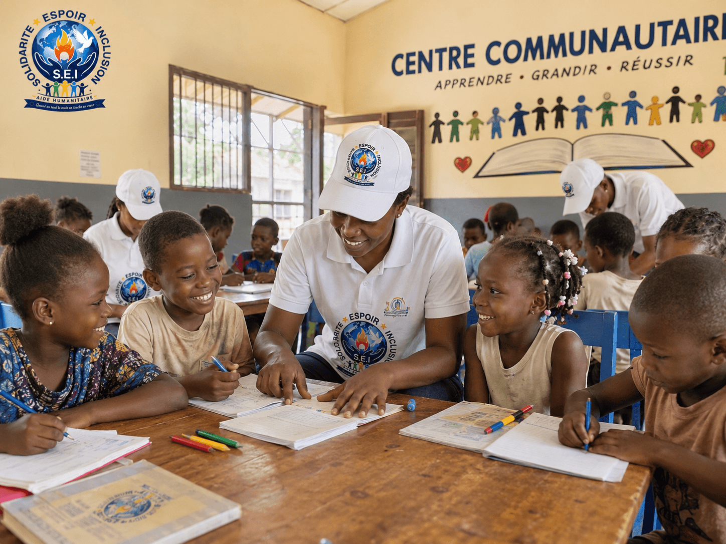 Smiling children in a community center receiving educational support